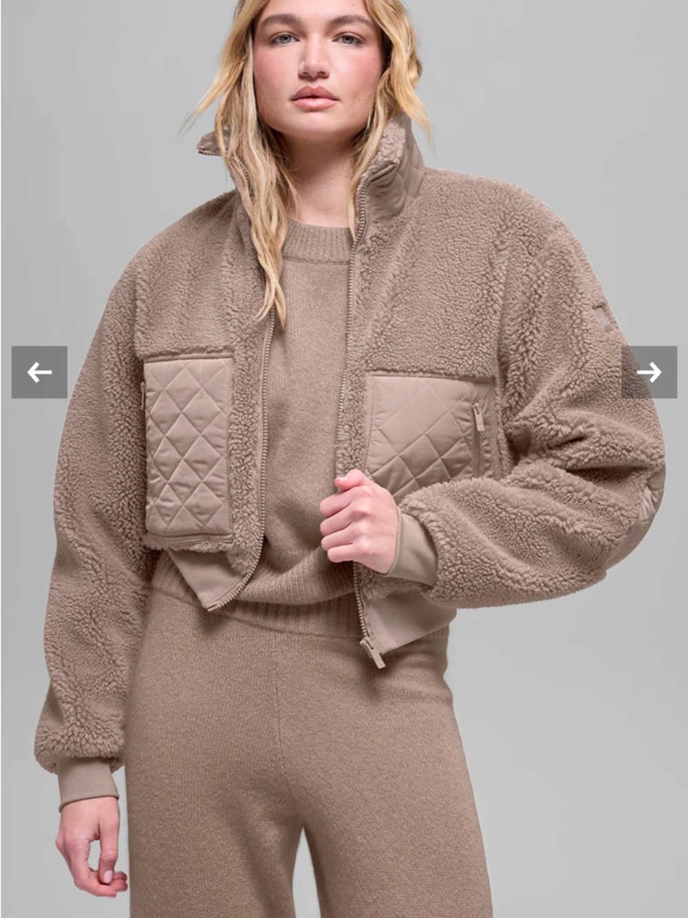 ALO Yoga Taupe Cropped Teddy Jacket with Quilted Pockets